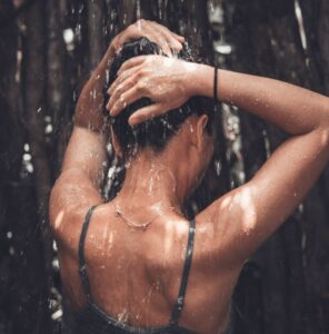 a woman showering